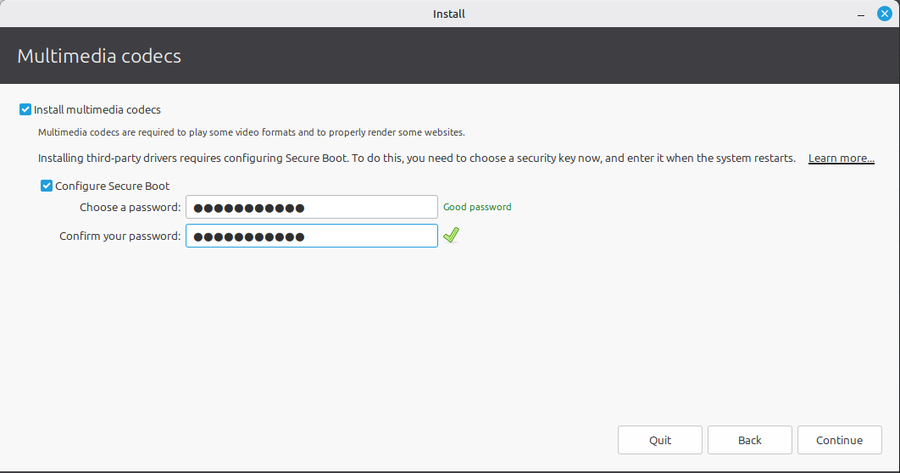 The codecs screen on a computer with Secure Boot on.