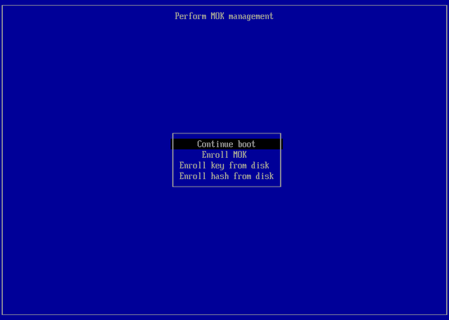 The blue key screen on the first restart, with Secure Boot on. Choose Enroll MOK.
