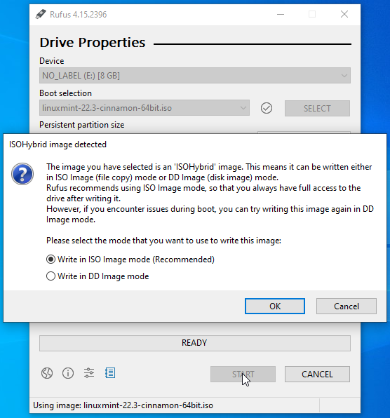 The first of Rufus's three questions. Leave ISO Image mode selected and click OK.