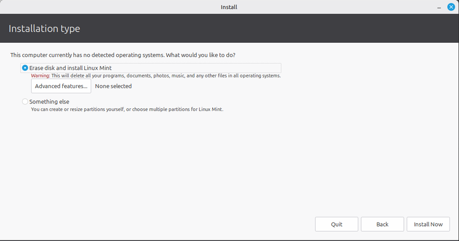 The installation type screen. On your computer, the first line names Windows, and the installer adds a choice to install alongside it. Choose Erase disk and install Linux Mint.